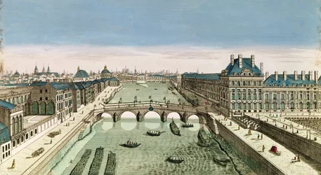 Vue en perspective de Paris depuis le Pont Royal (gravure en couleur)